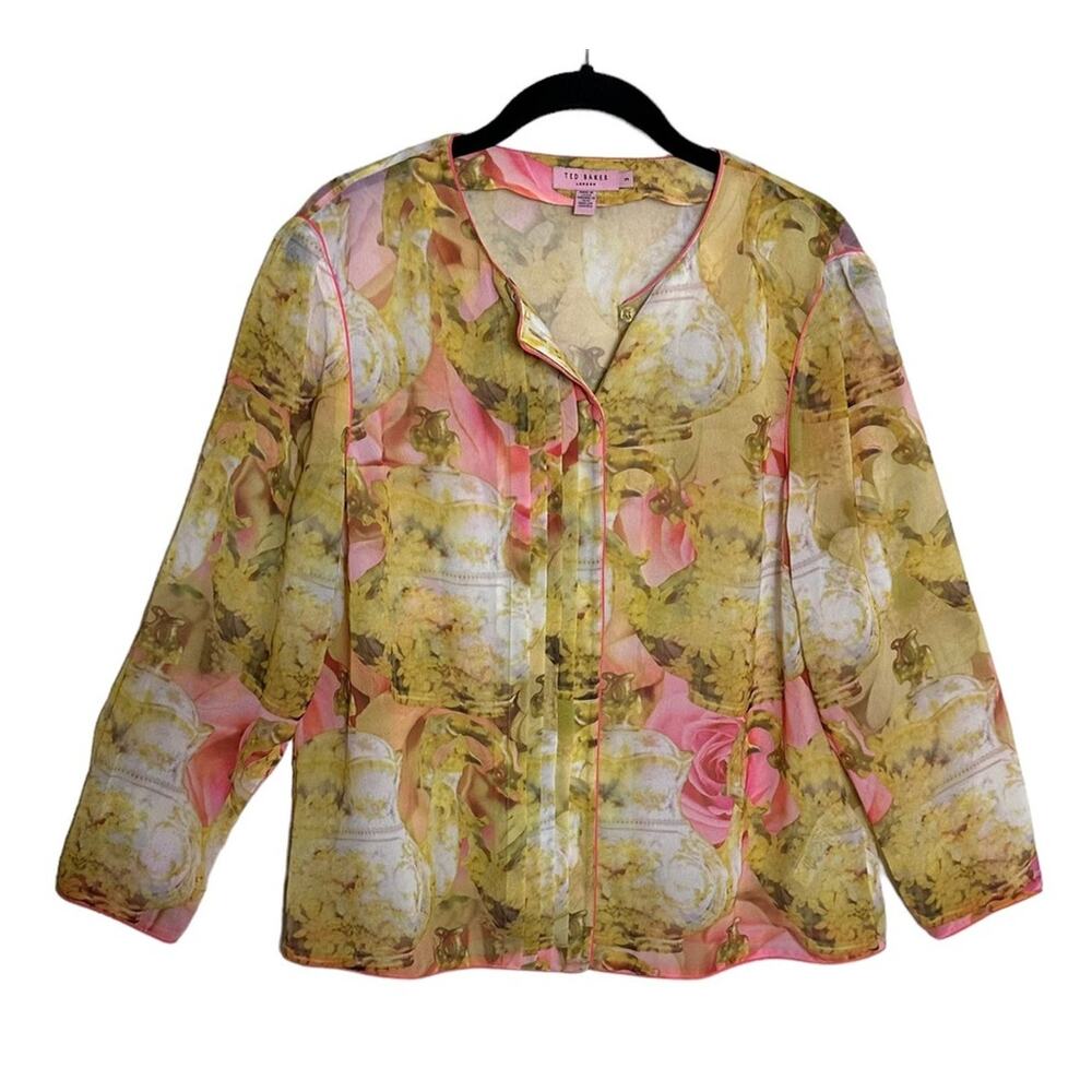 Ted Baker Blouse Sheer Pink Floral Button Front Long Sleeve